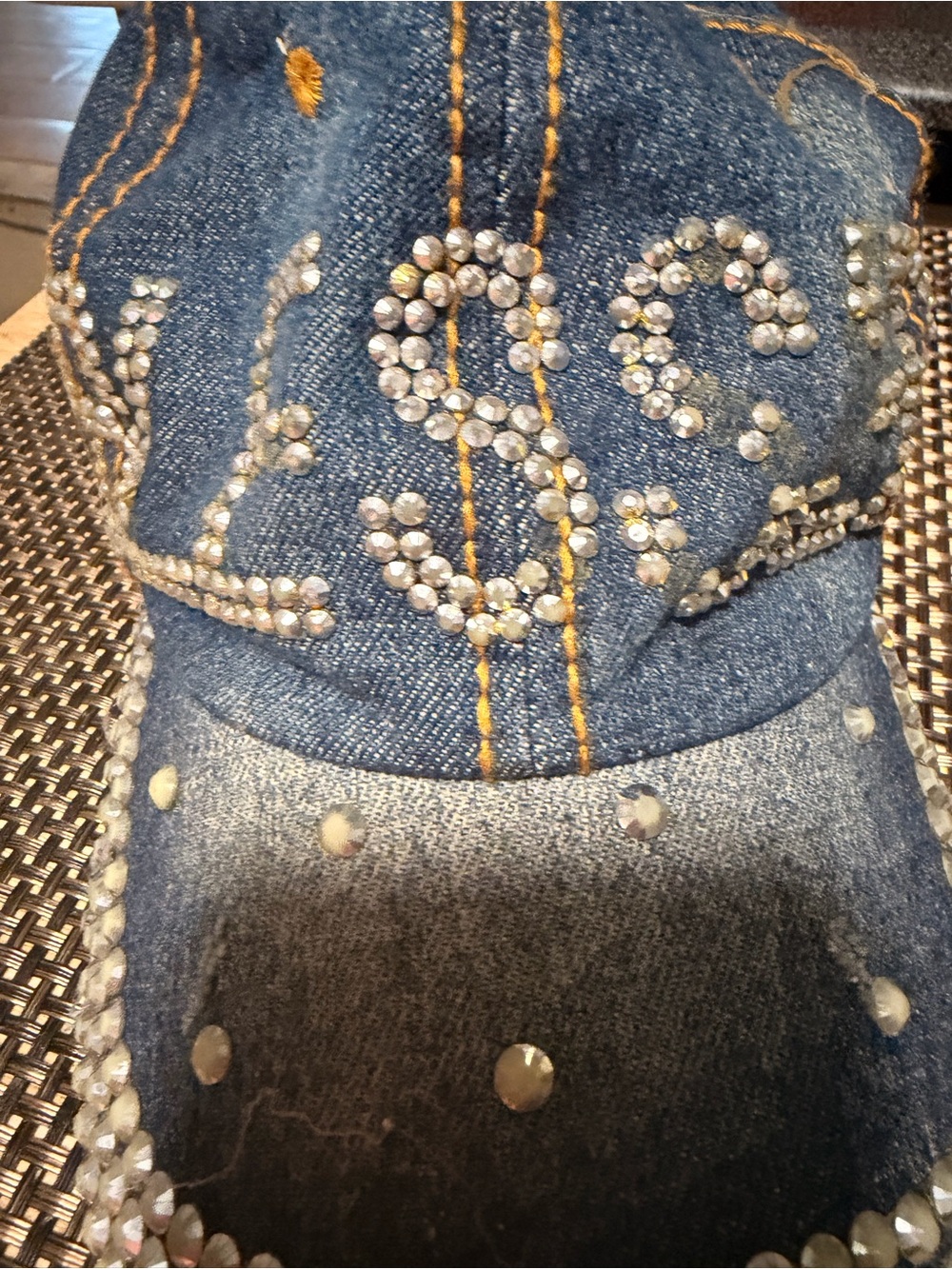 Rhinestone-Embellished Blue Denim Jeans Hat